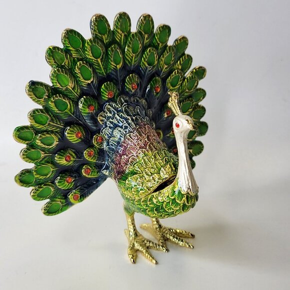 Peacock Decorative Box Trinket Jewelry Box Hinged Jeweled Gold Enamel Painted - Picture 12 of 13